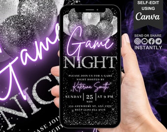 Digital Game Night Invitation, Animated Purple Fun Family Party Invite, Board Gaming Adult Poker Evite Flyer, Self Editable Template eCard