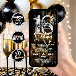 Digital 18th Birthday Invitation, Animated Dinner Party Invite For Women, Black Gold Brunch Eighteenth Evite, Self Editable Template eCard