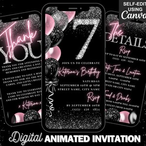 7th Digital Flyer Birthday Invitation, Blush Pink Sweet Seven Invite, Turning 7 Party Evite For Girls, Self Editable DIY Itinerary Evite