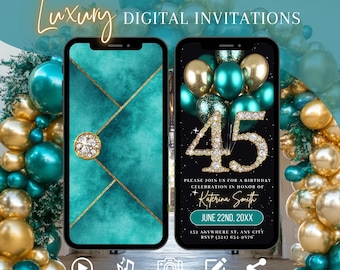 Faire-part numérique pour 45e anniversaire, invitation animée pour un brunch de diamants et d'or bleu sarcelle, invitation à un dîner bleu aqua pour femme, modèle de carte électronique à éditer soi-même