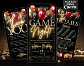 Digital Game Night Birthday Invitation, Animated Family Fun Message Text Evite, Black Gold Red Invite, Editable Itinerary & Thank You Ecard
