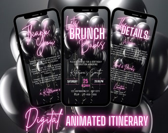 Le numérique permet le brunch des filles, une invitation animée pour une fête d'anniversaire noir et rose, un dîner pour femmes, un paquet de cartes électroniques modifiables pour dames