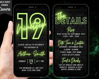 Digital 19th Birthday Flyer Invitation, Video Sweet 19th Green Neon Invite, Turninbg Nineteen Phone Evite, Self Editable DIY Itinerary eCard