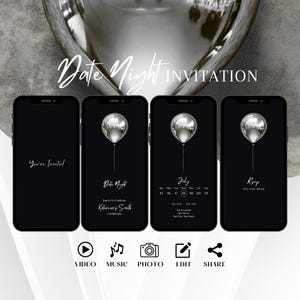 Minimalistische Datum Nacht Silber Einladung, elegante animierte Geburtstag einladen, Herren Party Evite, edle digitale Vorlage, Damen bearbeitbare Ecard