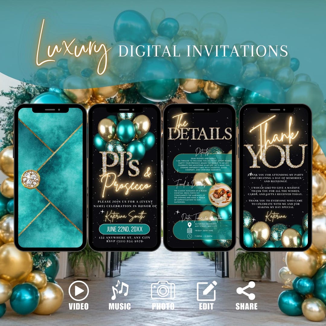 Utcom Invite Digital Pjs & Prosecco Party Invitation, Animated Invite, Glam Aqua ...