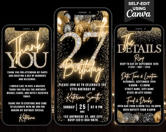 Invitación animada de cumpleaños número 27, invitación digital con globos dorados brillantes, invitación editable para fiesta neón glamurosa, plantilla de invitación telefónica de Canva