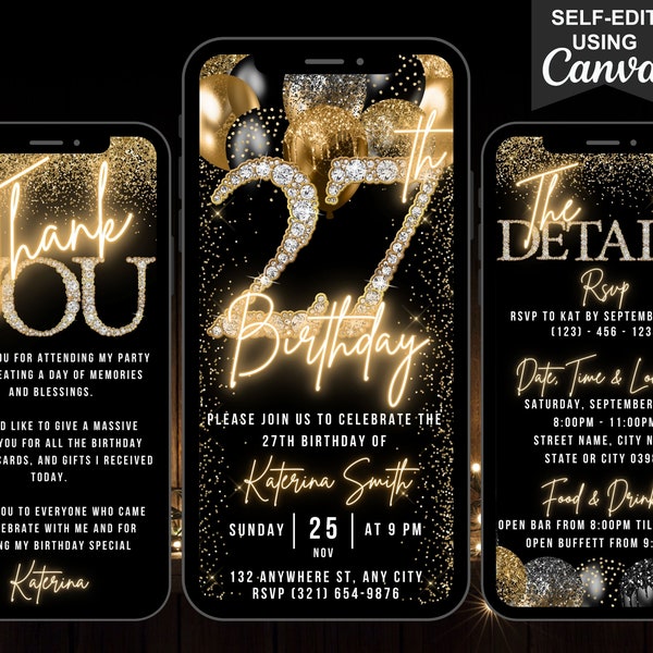 Digital 27th Birthday Invitation, 27 Invite, Animated Black Gold Balloon Diamond Party Black Tie Evite, Editable Itinerary & Thank You eCard