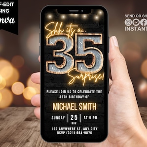 Surprise 35th Birthday Digital Invitation, Men&#39;s 35th Invite For Him, Adult Rustic BBQ Phone Evite For Guys, Shh Its A Surprise Party eCard