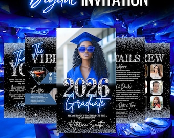 Invitación digital para graduados de 2026, invitación de graduación azul animada para ella, invitación para ceremonia de mujer, paquete de plantillas editables de tarjetas electrónicas