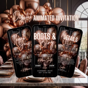 Uitnodiging digitale laarzen en bling, geanimeerde cowboylaarzen verjaardagsuitnodiging, Rose Gold Western Ladies Party Evite, zelf bewerkbare eCard-bundel