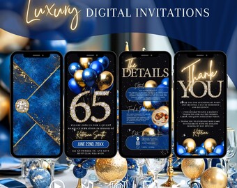 Faire-part numérique pour 65e anniversaire, invitation surprise animée en or bleu, evite brunch diamants, enveloppe électronique modifiable pour le dîner pour femme