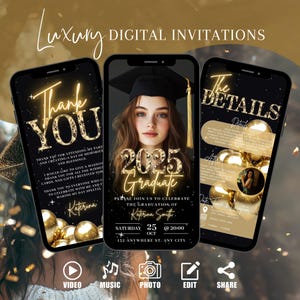 Digitale Einladung zum Abschluss mit Foto. Jahrgang 2025 Party einladen. Schwarz und Gold College oder High School Grad eVite. DIY bearbeitbare eCard