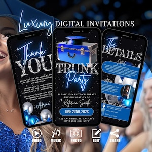 Invito per la festa del baule della laurea, invito per la festa di addio al college digitale animato blu, invito per l&#39;addio alla laurea, eCard auto-modificabile
