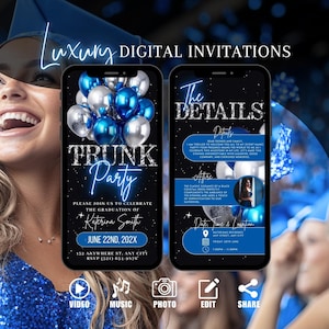 Invito alla festa Blue Trunk, invito digitale per laurea in giurisprudenza, invito per laureati delle scuole superiori, modello di eCard per addio delle ragazze