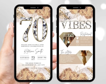 Digital 70th Birthday Invitation, Animated White Gold Diamond Invite For Women, Luxury Dinner Party Evite, Self Editable Itinerary eCard