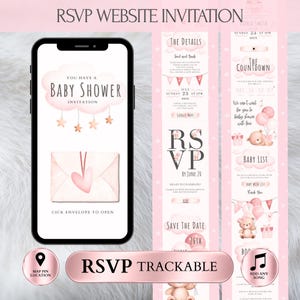 May include: A pink and white baby shower website invitation displayed on a smartphone. The invitation includes details, RSVP information, and a countdown. The design features clouds, stars, and a heart-shaped envelope. The text reads "RSVP WEBSITE INVITATION".