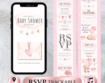 Rosa Mädchen-Teddybär-Babyparty-Einladungsvorlage, bearbeitbare Canva Digital Invite, animierte Website, Online-RSVP-Tracking, Evite