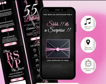 Überraschungseinladung zum 55. Geburtstag mit RSVP-Funktion, digitaler, luxuriöser schwarzer Umschlag, elegante rosa Canva-Vorlage, nachverfolgbare Gästeeinladung