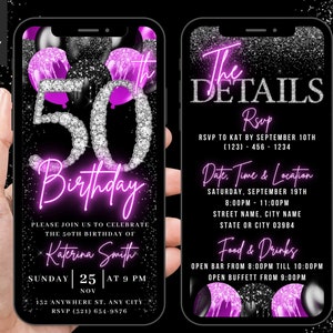 Digital 50th Birthday Invitation, Animated Fifty Pink Invite For Her, Purple Diamond Evite For Women, Self Editable Itinerary Template eCard