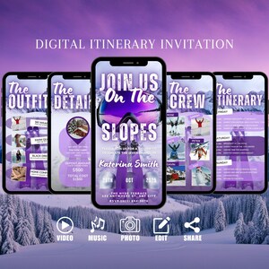 Faire-part de week-end de ski numérique, invitation EVJF, snowboard, Rejoignez-nous sur les pistes violet, carte électronique DIY planificateur d'itinéraire de voyage d'anniversaire