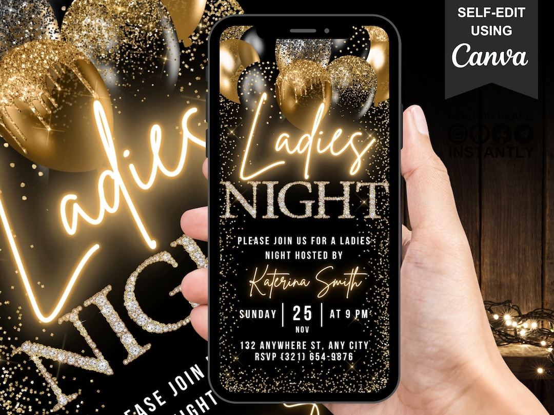Digital Ladies Night Out Invitation, Animated Gold Black Birthday ...