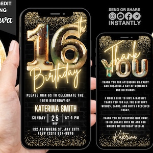 Digital 16th Birthday Invitation, Animated Sweet Sixteen Party Invite For Girls, Video Gold Neon Disco Ball Evite, Editable Thank You eCard