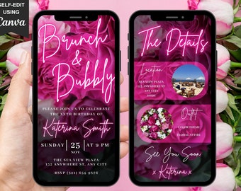 Digitale Geburtstags-Brunch-Einladung, Digitaler Flyer Brunch & Sekt-Einladung für Frauen, animierte Party-Einladung für Sie, Selbstbearbeitungs-Vorlage eCard