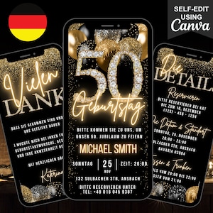May include: A black and gold digital invitation for a 50th birthday party. The invitation features a large number 50 with diamonds and gold glitter. The text reads "50th Birthday", "Michael Smith", "Sunday, November 25, 20:00", "132 Sulbacher Str, Ansbach", "Please reserve under Tel: +49 016 045 9387".