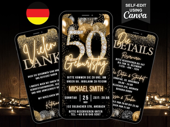 Deutsche digitale eCARD-Einladung zum 50. Geburtstag, animierte schwarzgoldene Fifty Partyeinladung für Sie oder Ihn, bearbeitbare Vorlage 4