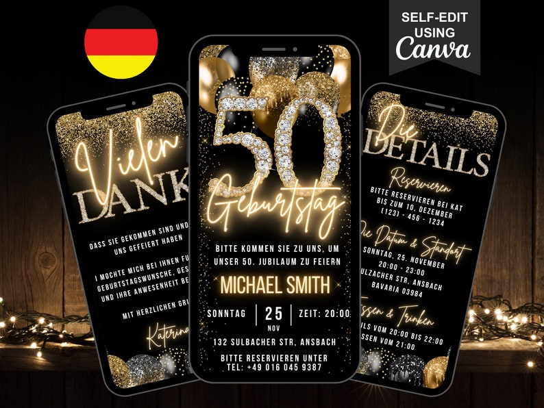 May include: A black and gold digital invitation for a 50th birthday party. The invitation features a large number 50 with diamonds and gold glitter. The text reads "50th Birthday", "Michael Smith", "Sunday, November 25, 20:00", "132 Sulbacher Str, Ansbach", "Please reserve under Tel: +49 016 045 9387".