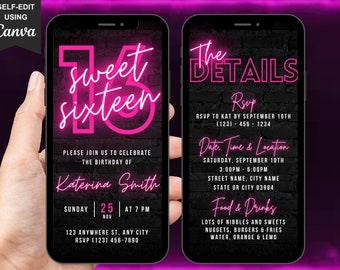 Digital Sweet 16 Birthday Party Invitation, 16th Birthday Pink Neon Invite For Her, Self Editable Evite For Teen Girls, With Itinerary eCard