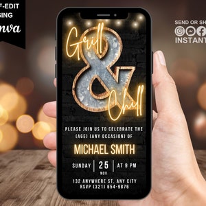 Digital Grill And Chill BBQ Invitation, Backyard Rustic Barbecue Virtual Invite, Patio Party Phone Text Evite, Any Occasion, Editable eCard