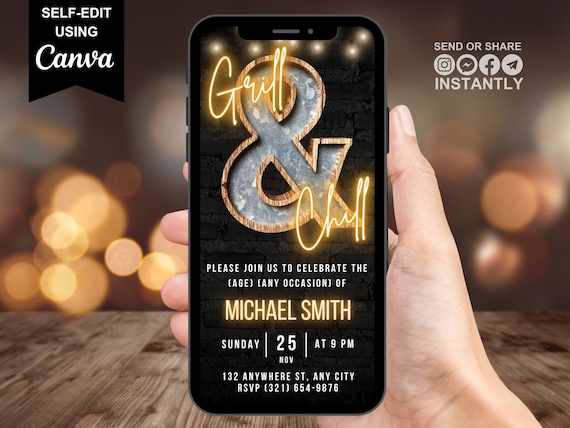 Digital Grill And Chill BBQ Invitation, Backyard Rustic Barbecue Virtual Invite, Patio Party Phone Text Evite, Any Occasion, Editable eCard