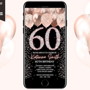 60th Birthday Digital Invitation, Electronic 60th Birthday Party Invite, Rose Gold Diamonds, Text Evite, Instant Download, Editable Template