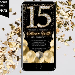 Convite digital para 15º aniversário, convite dourado para jantar de 15 anos, convite para quinze anos com convite para mulheres, modelo de cartão eletrônico autoeditável faça você mesmo