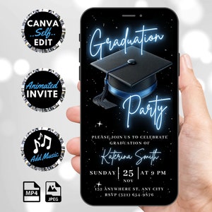 Digital Graduation Party Invitation, Animated Blue College Announcement Invite, Grad Vibes High School Evite, Self Editable Template eCard