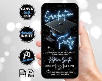 Invitación digital a fiesta de graduación, invitación animada para anunciar la universidad en azul, Grad Vibes High School Evite, plantilla de tarjeta electrónica autoeditable