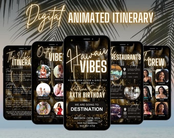 Digital Hawaii Vibes Trip Itinerary Invitation, Birthday Travel Girls Maui Island Vacation, Gold Weekend Getaway Schedule, Editable Planner