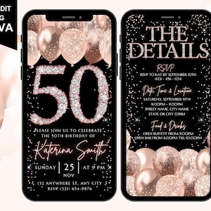 Modello di invito per il 50° compleanno digitale Fifty, invito elettronico per il compleanno, invito per il 50° compleanno con coriandoli oro rosa, itinerario giornaliero modificabile