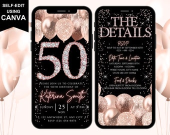 Digital Fifty 50th Birthday Invitation Template, Electronic Birthday Evite, Rose Gold Confetti 50th Birthday Invite, Editable Day Itinerary