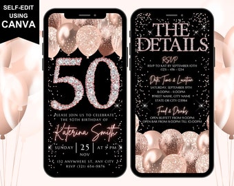 Plantilla digital de invitación de cumpleaños número 50, invitación electrónica de cumpleaños, invitación de cumpleaños número 50 con confeti oro rosa, itinerario del día editable.