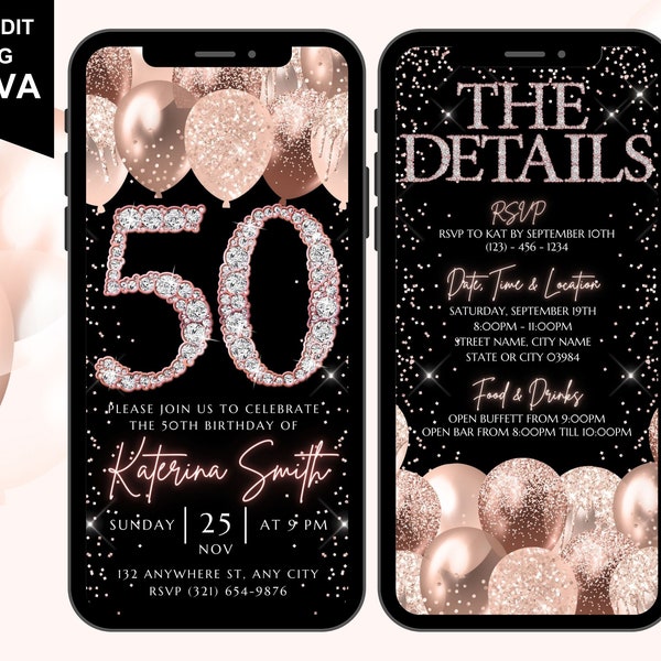 Digital Fifty 50th Birthday Invitation Template, Electronic Birthday Evite, Rose Gold Confetti 50th Birthday Invite, Editable Day Itinerary