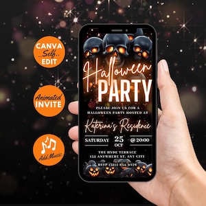 May include: A digital invitation for a Halloween party with a black background and glowing orange text. The text reads "Halloween Party" and includes details about the event, such as the date, time, and location. The invitation features a graphic of several glowing skulls.