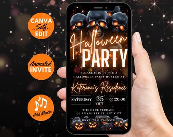 Digital Halloween Party Invitation, Animated Scull Pumpkin Party Video Invite, Gothic Rose Horror eCard, Self Editable DIY Template eCard