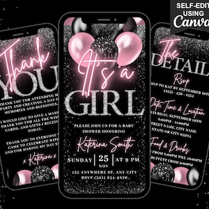 Digital Baby Girl Shower Invitation, Animated Baby Shower Invite, Blush Pink Balloons Mobile Evite, Editable Itinerary & Thank You eCard