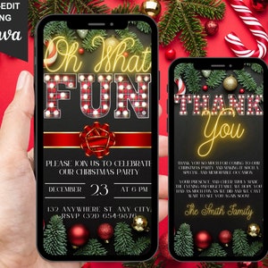 May include: Two digital phone screen mockups with a Christmas party invitation and a thank you card. The invitation has a red and black plaid background with the text "Oh What Fun" in yellow lights. The thank you card has a black background with the text "Thank You" in yellow lights.