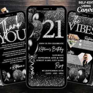 Convite digital para aniversário de 21 anos, convite animado para jantar de 21 anos, convite para brunch em preto e prata com diamantes, itinerário autoeditável e cartão eletrônico de agradecimento