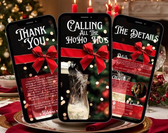 May include: A digital invitation for a Christmas party with a red bow and the text "Calling all the HoHo Ho's". The invitation includes details about the party, including the date, time, and location. The invitation also includes a thank you message to guests for attending.