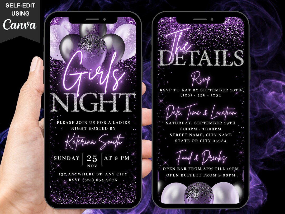 Digital Girls Night Out Invitation, Animated Purple Birthday Invite ...