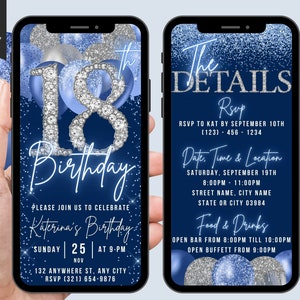 Digital 18th Birthday Invitation, Animated 18th Blue Silver Teens Invite, Balloon Diamond Winter Wonderland Evite, Editable Itinerary eCard